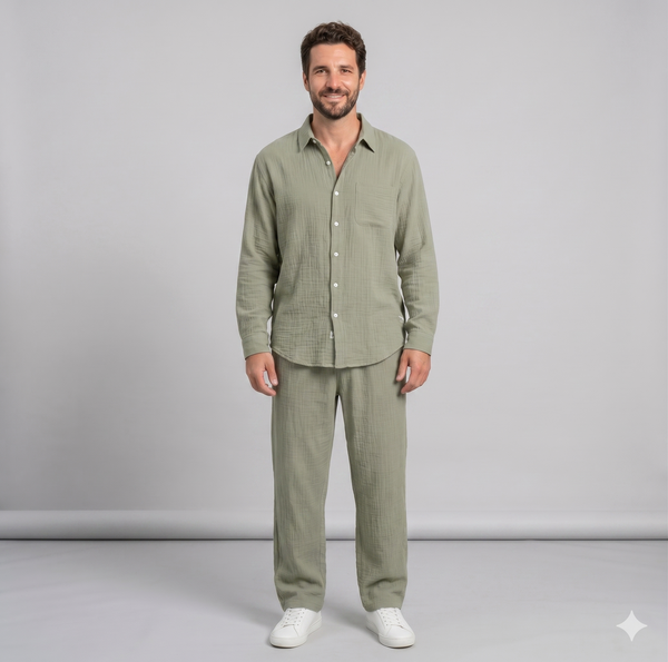 Men's Linen Blend Shirt & Pants Set — Long Sleeve Button-Up Two-Piece Suit