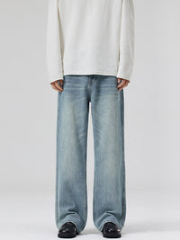 Men's Light Blue Washed Loose Straight Jeans - front view