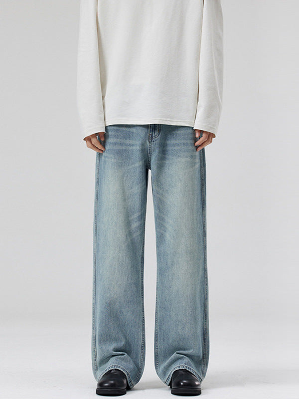 Men's Light Blue Washed Loose Straight Jeans - front view