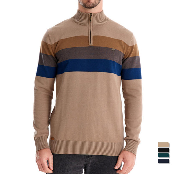 Men's Striped Half Zip Pullover - Knit Sweater Top - front view