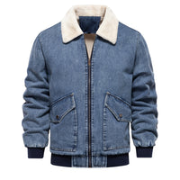 Men's Fleece-Lined Denim Jacket - Washed Casual Jean Coat - full body