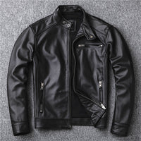 Men's Genuine Calfskin Leather Jacket - Stand Collar Moto Style - close up