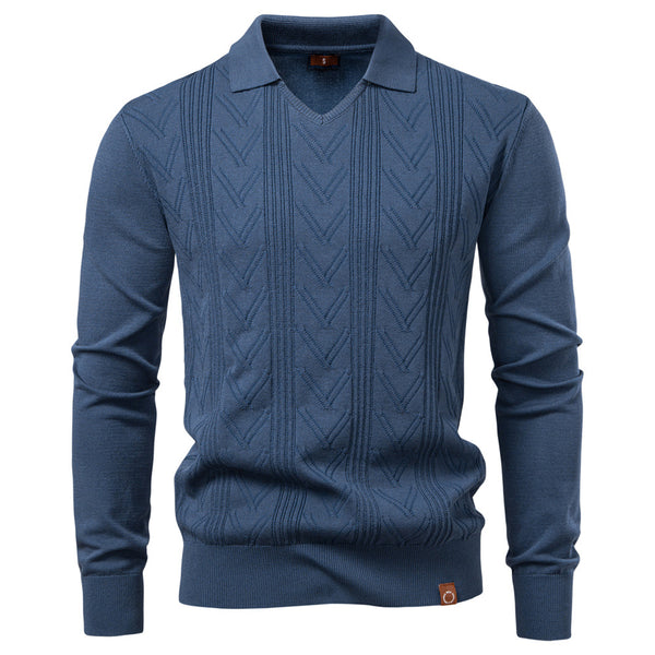 Men's V-Neck Jacquard Sweater - Solid Knit Pullover