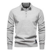 Men's Quarter Zip Cotton Sweater - Stand Collar Knit Top - full body