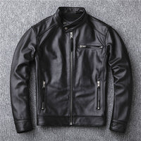 Men's Genuine Calfskin Leather Jacket - Stand Collar Moto Style - side view