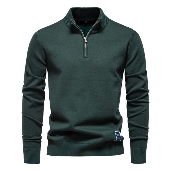 Men's Quarter Zip Cotton Sweater - Stand Collar Knit Top - front view
