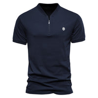 Men's Cotton V-Neck Zip Polo Shirt - Short Sleeve - full body