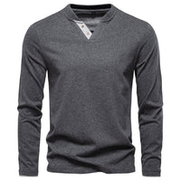 Men's V-Neck Cotton Long Sleeve T-Shirt - Casual Solid Color Tee - styled