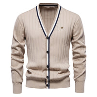 Men's V-Neck Cardigan Sweater - Contrast Trim Knit Jacket - full body