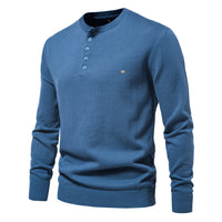 Men's Henley Collar Knit Sweater - Solid Pullover Long Sleeve - close up