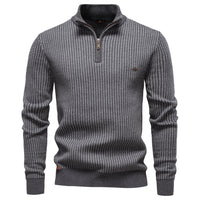 Men's Thick Half Zip Sweater - Stand Collar Warm Knit Pullover - side view