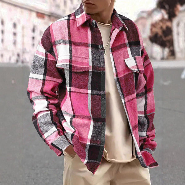 Men's Classic Plaid Flannel Shirt - Vintage Brushed Long Sleeve - front view