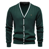 Men's V-Neck Cardigan Sweater - Contrast Trim Knit Jacket - front view