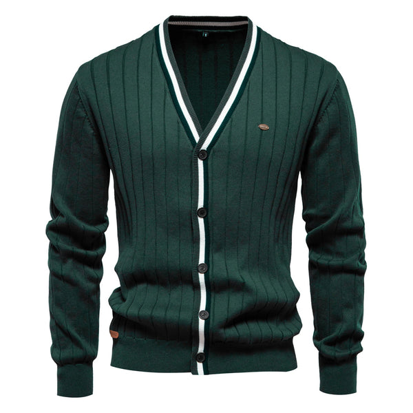 Men's V-Neck Cardigan Sweater - Contrast Trim Knit Jacket - front view