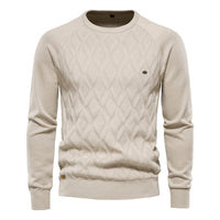 Men's Pure Cotton Crewneck Sweater - Solid Pullover Knit - detail