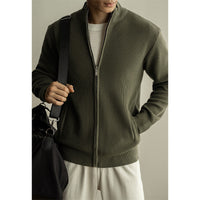 Men's Old Money Textured Knit Jacket - Zip Stand Collar Sweater - full body