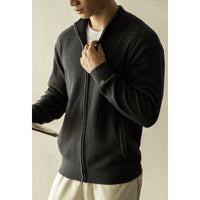 Men's Old Money Textured Knit Jacket - Zip Stand Collar Sweater - styled