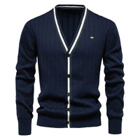 Men's V-Neck Cardigan Sweater - Contrast Trim Knit Jacket - close up