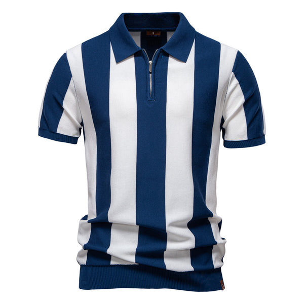 Men's Knit Stripe Polo Shirt - Casual Short Sleeve Collar Top - front view