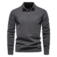 Men's Quarter Zip Cotton Sweater - Stand Collar Knit Top - model wearing