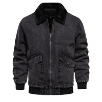 Men's Fleece-Lined Denim Jacket - Washed Casual Jean Coat - fabric detail