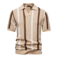 Men's Breathable Open Knit Polo - Striped Summer Sweater - full body