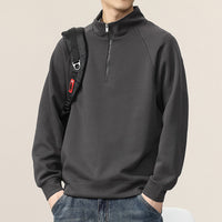 Men's Ribbed Stand Collar Half Zip Top - Raglan Sleeve Sweatshirt - fabric detail