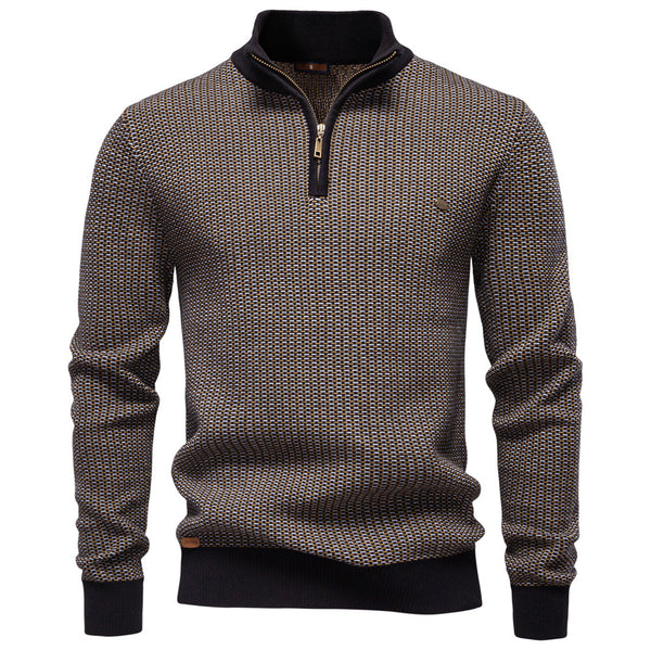 Men's Thick Half Zip Sweater - Stand Collar Warm Knit Pullover - front view