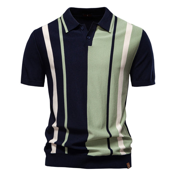Men's Stripe Patchwork Polo - Knit Short Sleeve Collared Top - front view