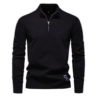 Men's Quarter Zip Cotton Sweater - Stand Collar Knit Top - fabric detail