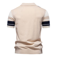 Men's Stripe Patchwork Polo - Knit Short Sleeve Collared Top - detail