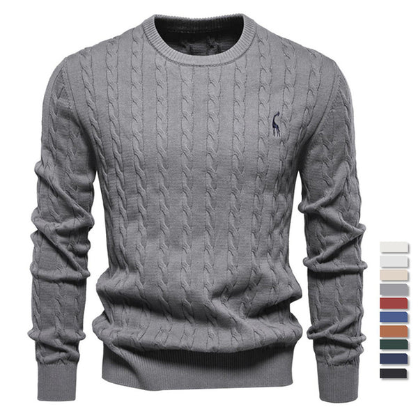 Men's Deer Embroidered Crewneck Sweater - Premium Knit Pullover