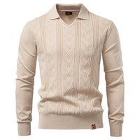 Men's V-Neck Jacquard Sweater - Solid Knit Pullover - styled