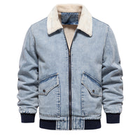 Men's Fleece-Lined Denim Jacket - Washed Casual Jean Coat - styled