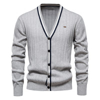 Men's V-Neck Cardigan Sweater - Contrast Trim Knit Jacket - styled