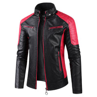 Men's PU Leather Biker Jacket - Stand Collar Motorcycle Coat - close up
