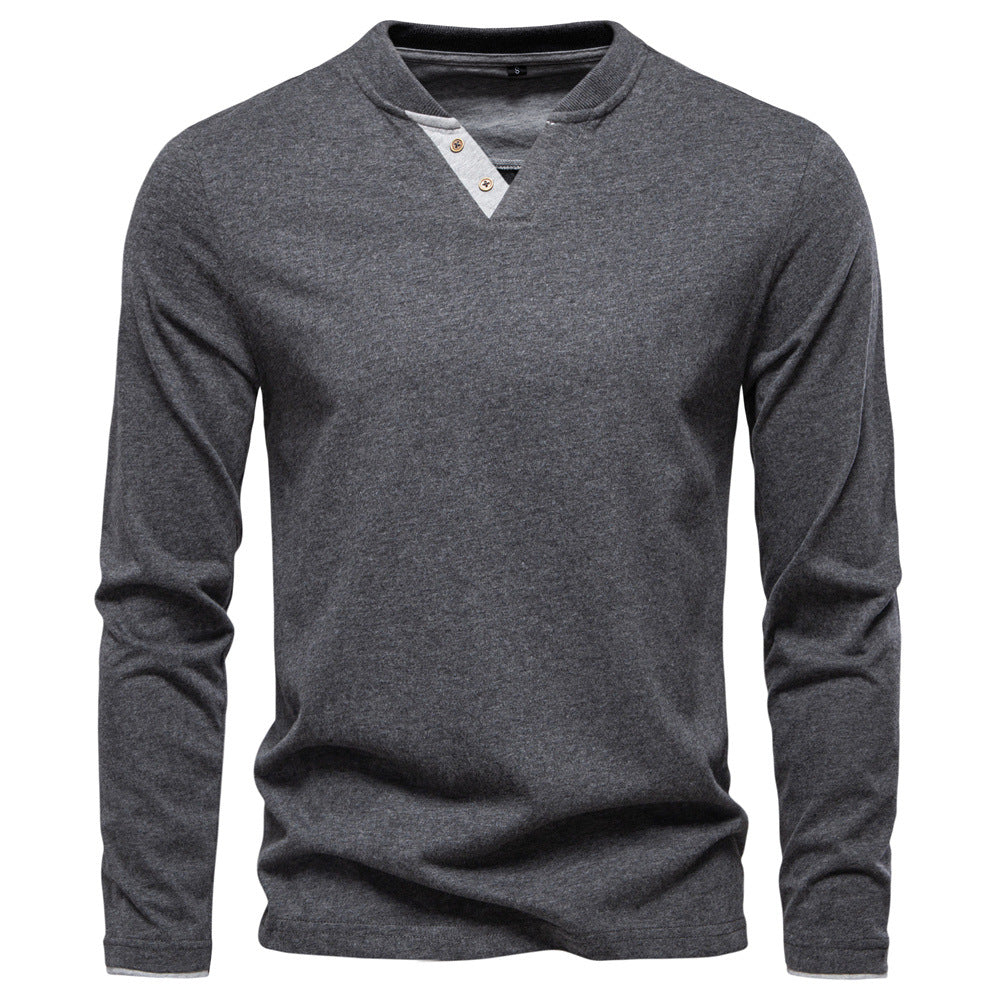 Men's V-Neck Cotton Long Sleeve T-Shirt - Casual Solid Color Tee