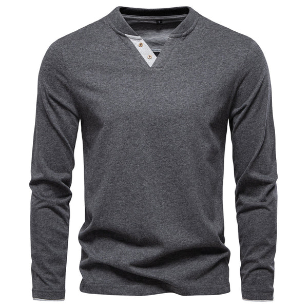 Men's V-Neck Cotton Long Sleeve T-Shirt - Casual Solid Color Tee