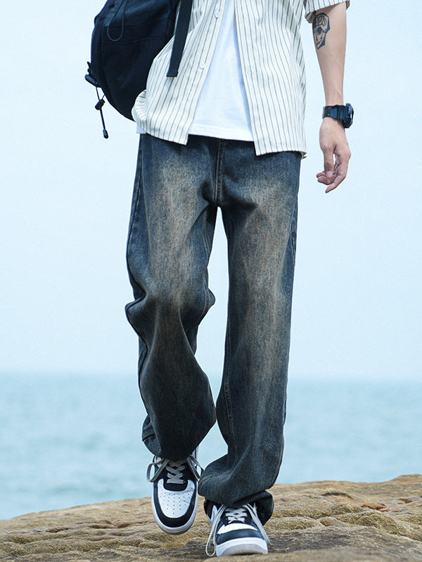 Men's Washed Straight Leg Jeans - Loose Fit Casual Denim