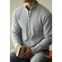 Men's Old Money Textured Knit Jacket - Zip Stand Collar Sweater - fabric detail
