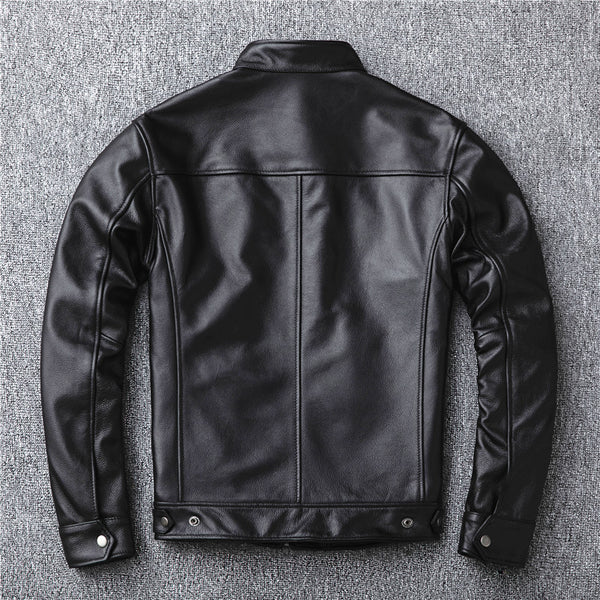 Men's Genuine Calfskin Leather Jacket - Stand Collar Moto Style - front view
