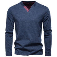 Men's V-Neck Cotton Long Sleeve T-Shirt - Casual Solid Color Tee - close up