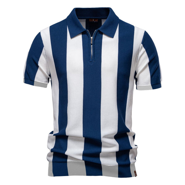 Men's Striped Knit Polo - Short Sleeve Collared Summer Top - front view