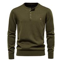 Men's Henley Collar Knit Sweater - Solid Pullover Long Sleeve - full body