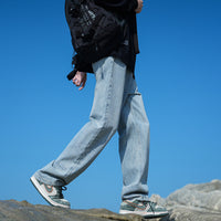 Men's Washed Straight Leg Jeans - Loose Fit Casual Denim - model wearing