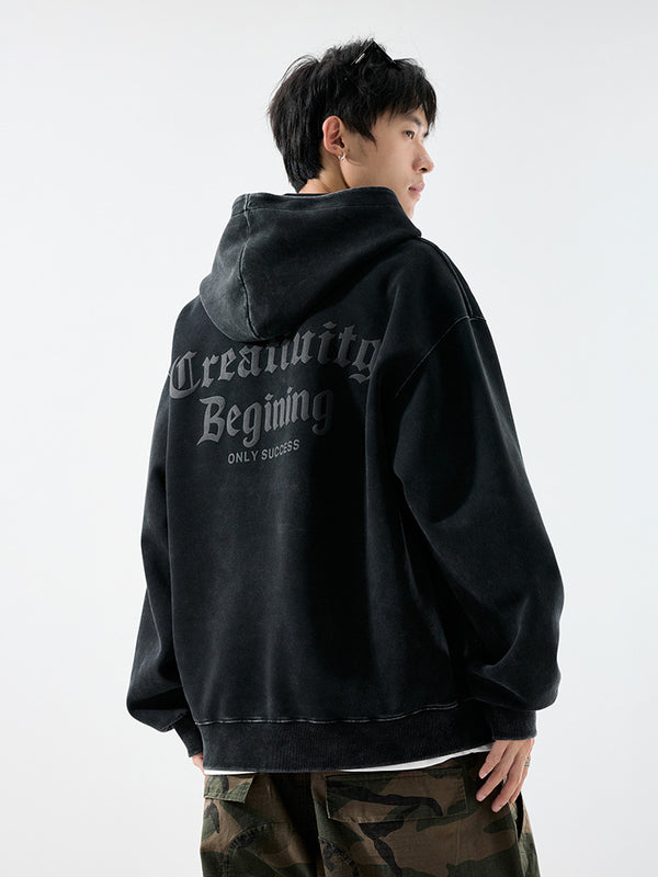 Men's Washed Graphic Hoodie - Heavyweight Fleece Pullover Sweatshirt - front view