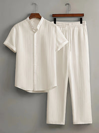 Men's Textured Beach Shirt & Shorts Set — Wrinkled Fabric Two-Piece Outfit