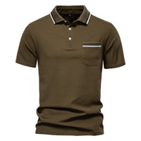 Men's Striped Business Polo - Short Sleeve Knit Collar Top - model wearing