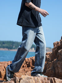 Men's Washed Straight Leg Jeans - Loose Fit Casual Denim - back view