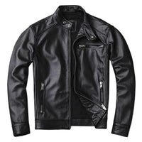 Men's Genuine Calfskin Leather Jacket - Stand Collar Moto Style - detail